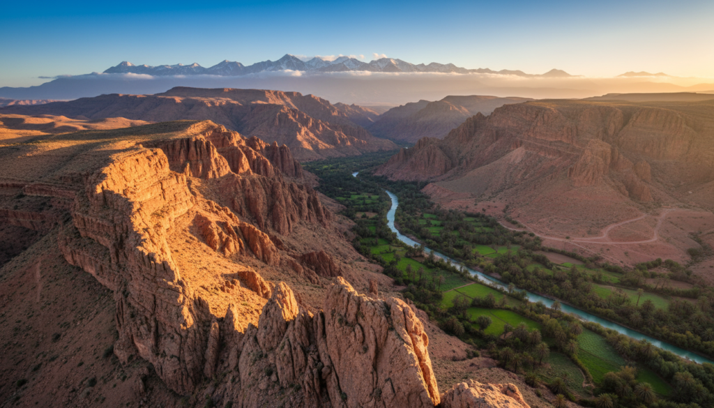 A breathtaking view of Canyon del Dades in Morocco, capturing its dramatic cliffs and winding river. In the foreground, rich reddish-brown rock formations rise sharply against a vibrant blue sky. The middle ground features lush green vegetation nestled between the canyon walls. In the background, jagged mountains frame the scene, their peaks slightly shrouded in soft, fluffy clouds. The lighting is warm and golden, suggesting the early morning sun casting gentle shadows across the canyon. The atmosphere is serene and awe-inspiring, embodying the natural beauty and adventure of this stunning location, inviting exploration and appreciation of the landscape's grandeur. The composition is shot from a slightly elevated angle to emphasize the depth and scale of the canyon without any text or human elements in the scene. A breathtaking view of Canyon del Dades in Morocco, capturing its dramatic cliffs and winding river. In the foreground, rich reddish-brown rock formations rise sharply against a vibrant blue sky. The middle ground features lush green vegetation nestled between the canyon walls. In the background, jagged mountains frame the scene, their peaks slightly shrouded in soft, fluffy clouds. The lighting is warm and golden, suggesting the early morning sun casting gentle shadows across the canyon. The atmosphere is serene and awe-inspiring, embodying the natural beauty and adventure of this stunning location, inviting exploration and appreciation of the landscape's grandeur. The composition is shot from a slightly elevated angle to emphasize the depth and scale of the canyon without any text or human elements in the scene.