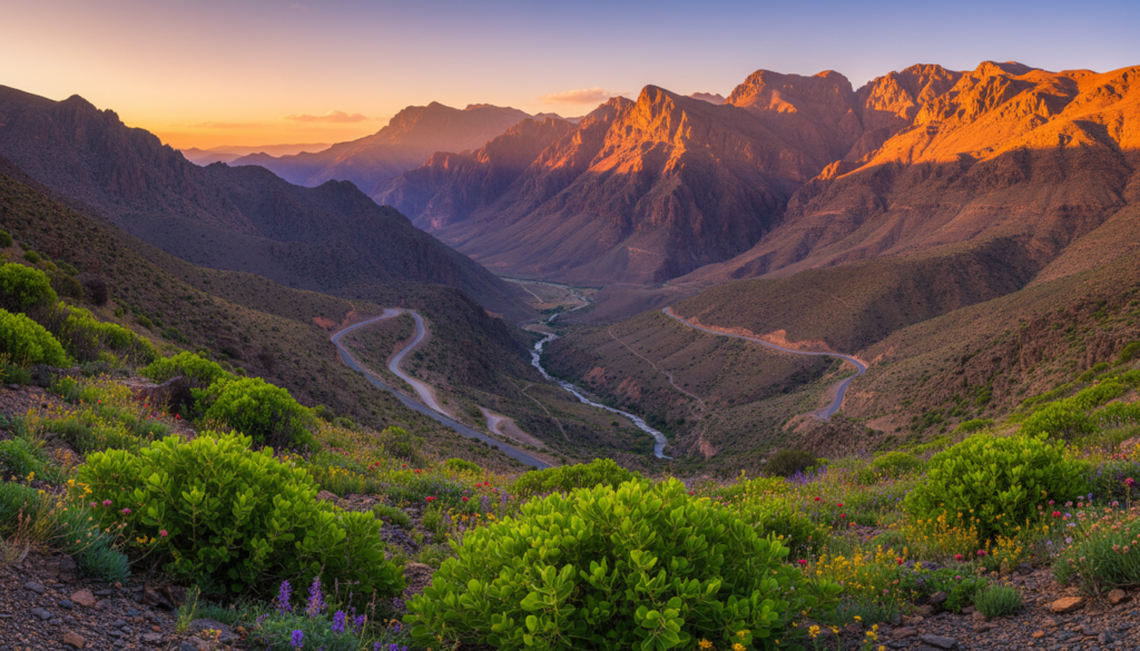A breathtaking view of the Atlas Mountains in Morocco during golden hour, showcasing the rugged peaks and dramatic rock formations. In the foreground, vibrant green shrubs and wildflowers add a pop of color, leading the viewer's eye towards the majestic mountains. The middle ground features winding roads and a serene river snaking through the valley, hinting at the journey to the Gole del Dades. The background displays the towering, sunlit peaks of the Atlas Mountains, bathed in warm hues of orange and yellow, contrasting with the cool shadows of the valleys. The atmosphere is tranquil and inspiring, evoking a sense of adventure and exploration in a stunning natural landscape, captured with a wide-angle lens to emphasize depth and grandeur. A breathtaking view of the Atlas Mountains in Morocco during golden hour, showcasing the rugged peaks and dramatic rock formations. In the foreground, vibrant green shrubs and wildflowers add a pop of color, leading the viewer's eye towards the majestic mountains. The middle ground features winding roads and a serene river snaking through the valley, hinting at the journey to the Gole del Dades. The background displays the towering, sunlit peaks of the Atlas Mountains, bathed in warm hues of orange and yellow, contrasting with the cool shadows of the valleys. The atmosphere is tranquil and inspiring, evoking a sense of adventure and exploration in a stunning natural landscape, captured with a wide-angle lens to emphasize depth and grandeur.