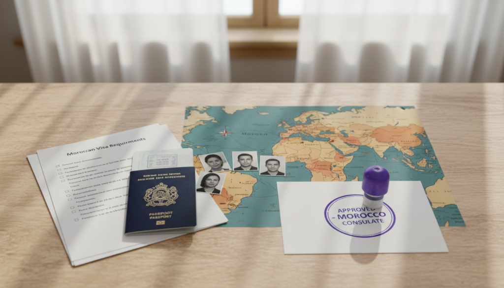 A flat lay composition featuring essential documents required for a Moroccan visa. The foreground includes a neatly organized assortment of items: a detailed checklist, a valid passport, a printed application form, recent passport-sized photographs, and a stamp of approval. The middle ground shows a beautifully designed map of Morocco, subtly highlighting major cities and attractions. In the background, soft natural lighting filters through a window, casting gentle shadows, creating a sense of clarity and organization. The atmosphere is calm and focused, evoking preparation and readiness for travel. Use a shallow depth of field to draw attention to the documents, ensuring a clean and professional presentation, without any text or clutter. A flat lay composition featuring essential documents required for a Moroccan visa. The foreground includes a neatly organized assortment of items: a detailed checklist, a valid passport, a printed application form, recent passport-sized photographs, and a stamp of approval. The middle ground shows a beautifully designed map of Morocco, subtly highlighting major cities and attractions. In the background, soft natural lighting filters through a window, casting gentle shadows, creating a sense of clarity and organization. The atmosphere is calm and focused, evoking preparation and readiness for travel. Use a shallow depth of field to draw attention to the documents, ensuring a clean and professional presentation, without any text or clutter.