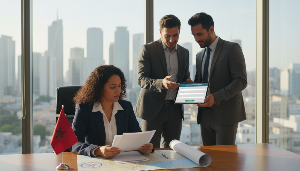 A professional and informative setting depicting a modern office environment where a diverse group of individuals (two men and one woman) in professional business attire are discussing visa requirements for Morocco. In the foreground, a focused woman is reviewing paperwork, with a Moroccan flag and a map of Morocco visible on the desk beside her. In the middle ground, two men are engaged in conversation, pointing at a digital tablet displaying visa application information. The background shows a large window with a view of a cityscape, bathed in warm afternoon sunlight, creating an inviting atmosphere. The image conveys a sense of collaboration and purpose, highlighting the importance of understanding visa requirements for traveling to Morocco. The composition should emphasize clarity and professionalism, with a balanced focus on the individuals and the materials they are working with. A professional and informative setting depicting a modern office environment where a diverse group of individuals (two men and one woman) in professional business attire are discussing visa requirements for Morocco. In the foreground, a focused woman is reviewing paperwork, with a Moroccan flag and a map of Morocco visible on the desk beside her. In the middle ground, two men are engaged in conversation, pointing at a digital tablet displaying visa application information. The background shows a large window with a view of a cityscape, bathed in warm afternoon sunlight, creating an inviting atmosphere. The image conveys a sense of collaboration and purpose, highlighting the importance of understanding visa requirements for traveling to Morocco. The composition should emphasize clarity and professionalism, with a balanced focus on the individuals and the materials they are working with.