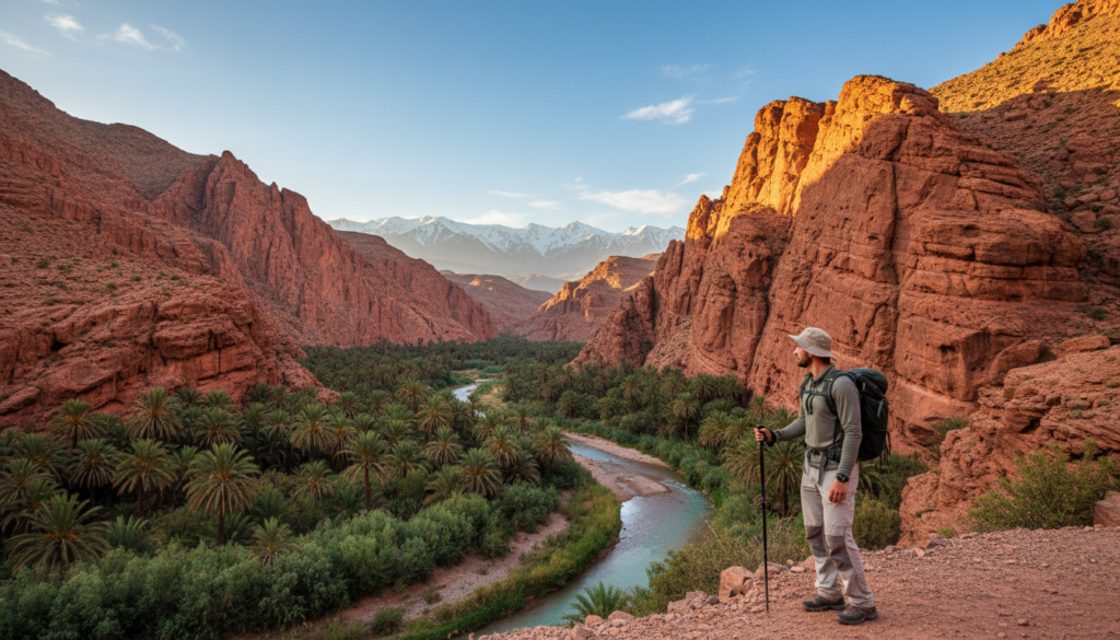 A vibrant scene of a trekker navigating the stunning Gole del Dades in Morocco during the optimal season for travel. In the foreground, a fit individual clothed in modest, breathable hiking attire is holding a trekking pole, gazing at the dramatic red cliffs. The middle ground features the lush, winding river flanked by palm trees and verdant vegetation, contrasting with the rugged rock formations. In the background, the majestic Atlas Mountains rise under a clear blue sky with soft, golden sunlight casting gentle shadows. Capture a sense of adventure and tranquility in this natural landscape, emphasizing the rich textures of the rocks and the vibrant colors of the flora. The atmosphere should evoke excitement and peacefulness, perfect for exploration. Use a panoramic angle to showcase the scale and beauty of the environment. A vibrant scene of a trekker navigating the stunning Gole del Dades in Morocco during the optimal season for travel. In the foreground, a fit individual clothed in modest, breathable hiking attire is holding a trekking pole, gazing at the dramatic red cliffs. The middle ground features the lush, winding river flanked by palm trees and verdant vegetation, contrasting with the rugged rock formations. In the background, the majestic Atlas Mountains rise under a clear blue sky with soft, golden sunlight casting gentle shadows. Capture a sense of adventure and tranquility in this natural landscape, emphasizing the rich textures of the rocks and the vibrant colors of the flora. The atmosphere should evoke excitement and peacefulness, perfect for exploration. Use a panoramic angle to showcase the scale and beauty of the environment.